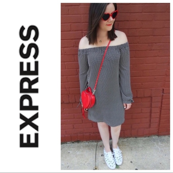NWT EXPRESS Off Shoulder Polka Dot Shift Dress - Picture 2 of 10
